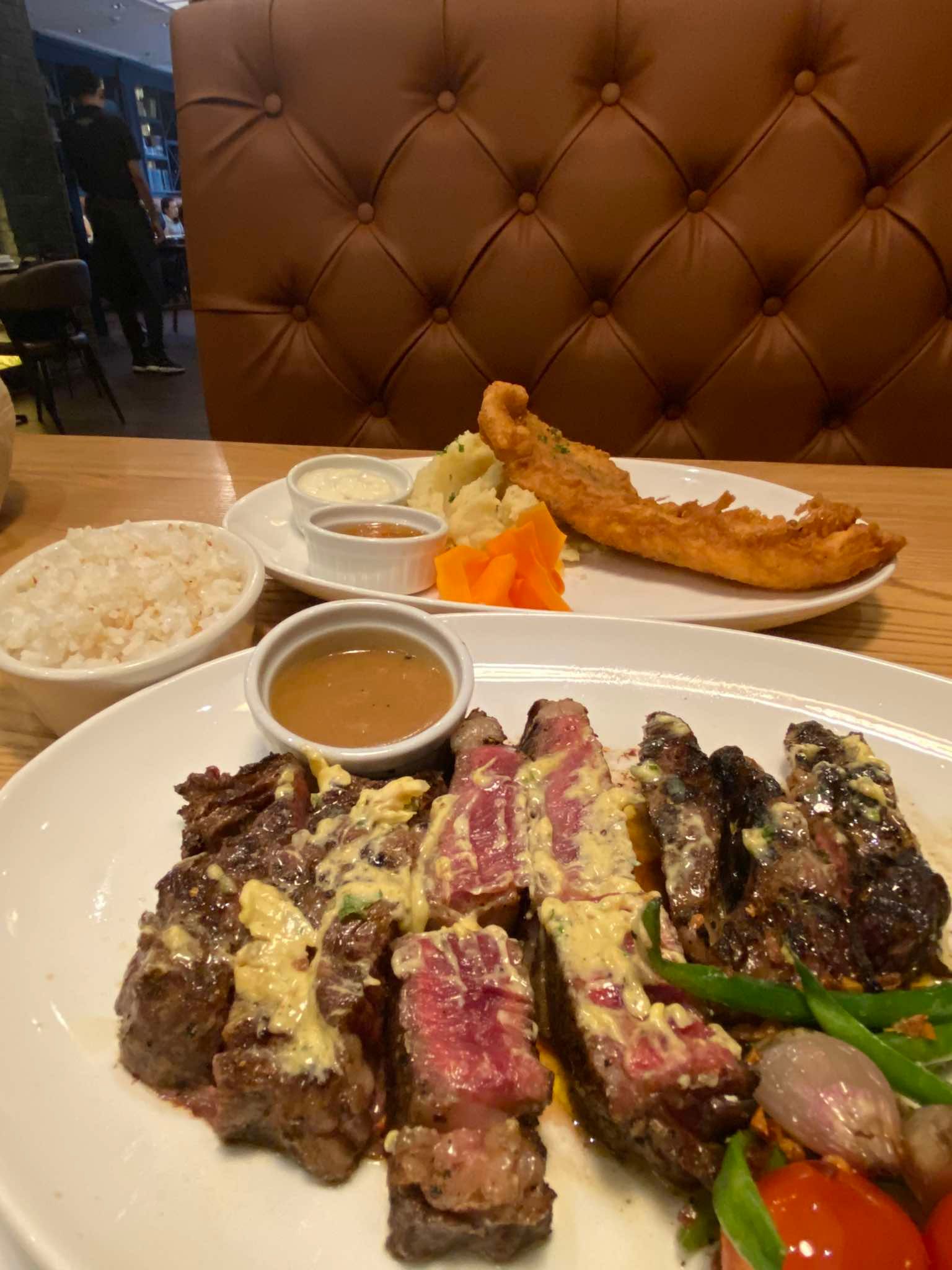 Dillinger’s 1903 Steak and Brew’s Ribeye Steak and Fish & Chips (chips customized to be mashed potatoes)