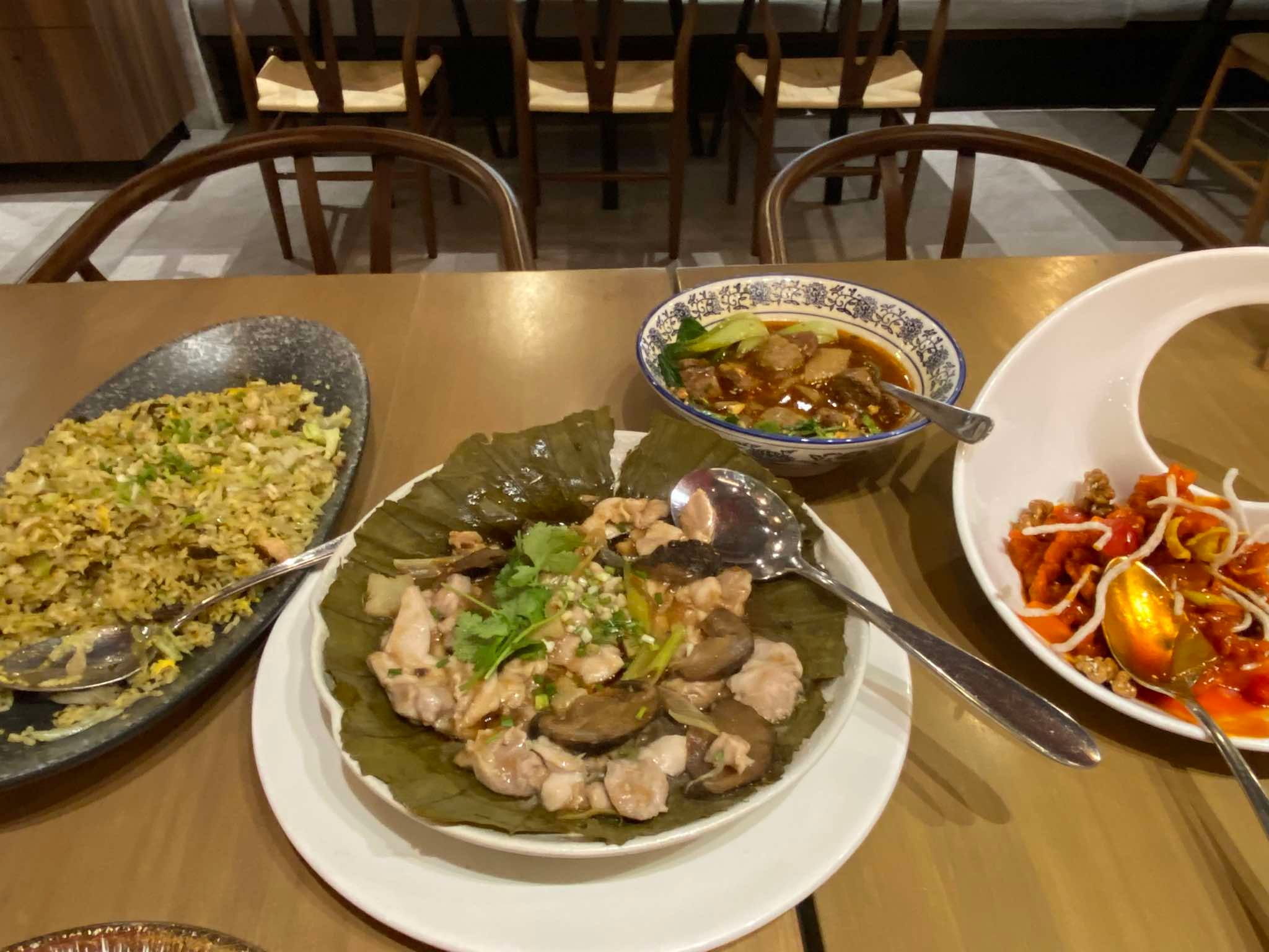 Spice & Soy’s Preserved Black Olive Seafood Fried Rice, Steamed Chicken Fillet with Black Mushroom, and Sweet and Sour Pork with Walnuts